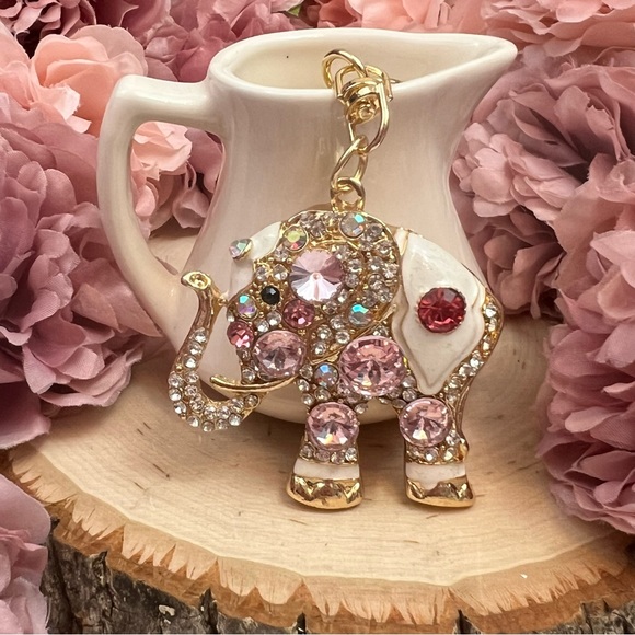 Gorgeous Ornate Pink Crystal Elephant Keychain Charm - Picture 3 of 15